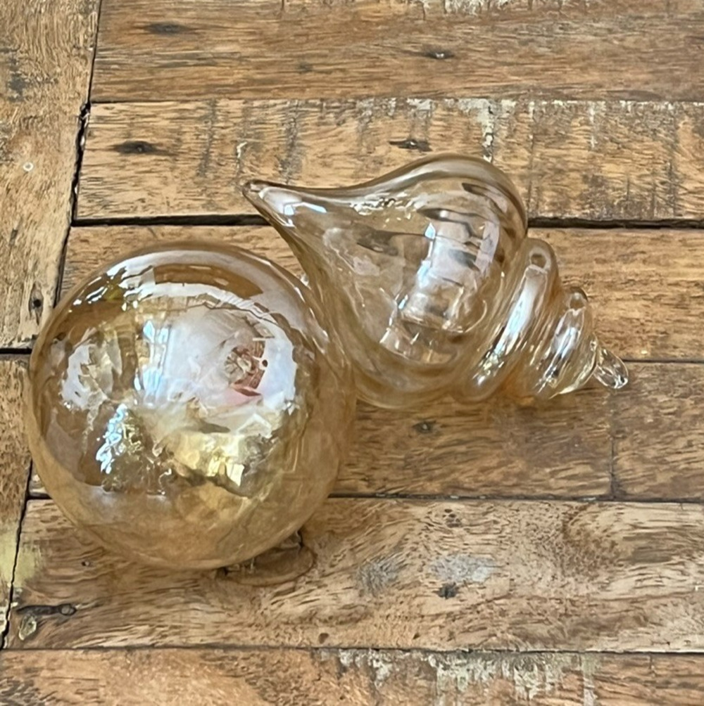 Vintage Glass Christmas Ornaments Set of 2 Hand-Blown Clear Yellow Iridescent